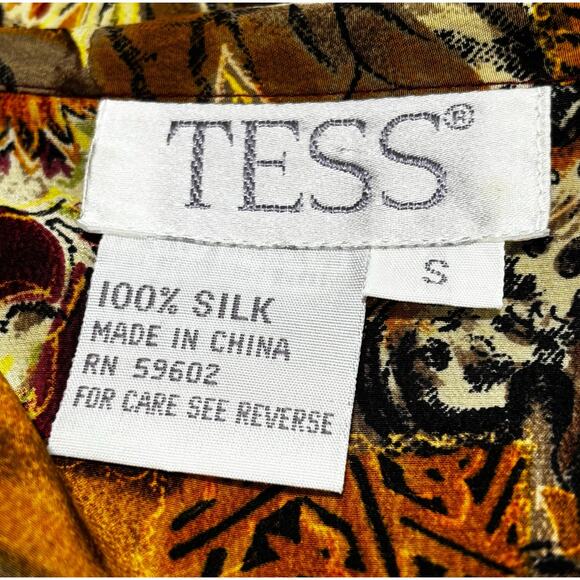 Vintage short sleeve blouse top 100% silk brown gold maroon shirt by TESS size S - Picture 8 of 8